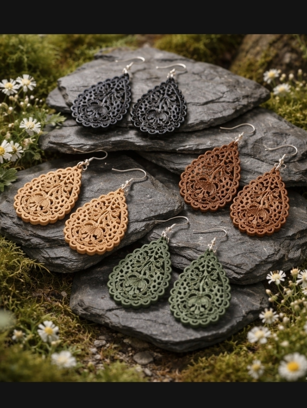 Intricate Teardrop Filigree Earrings in Black, Tan, Brown & Green